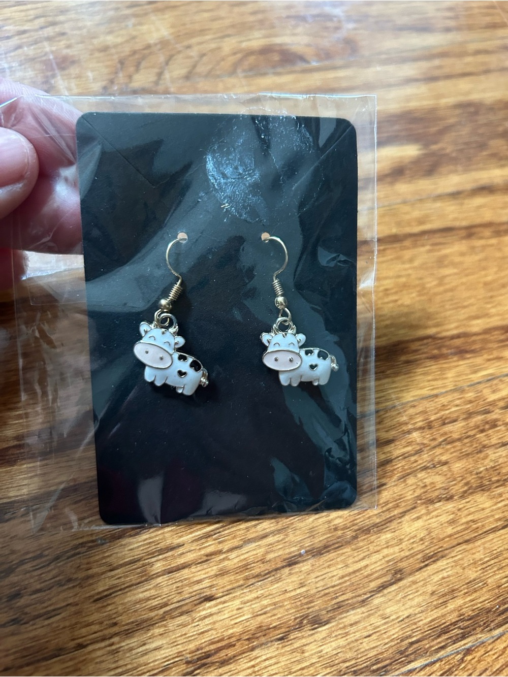 Cute White Cow Enamel Dangle Earrings | Gold Tone Hooks | Farm Animal Jewelry |